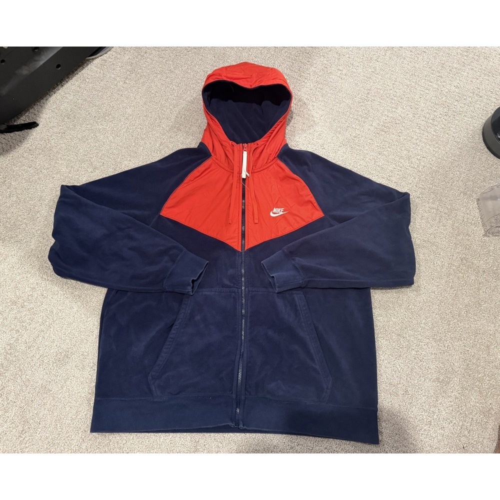 Nike Men's NSW Polar Fleece full zip hooded jacket 929114 Navy/White/ Red  XL